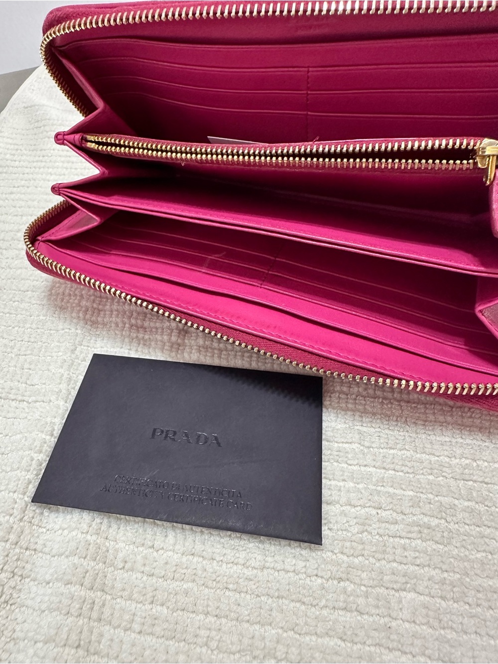 Prada Hot Pink Zip-Around Leather Wallet with Gold Hardware